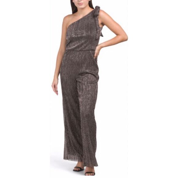 1. State Pants - 1.STATE Womens Metallic One Shoulder Jumpsuit Wide Leg Bronze Evening Size Large
